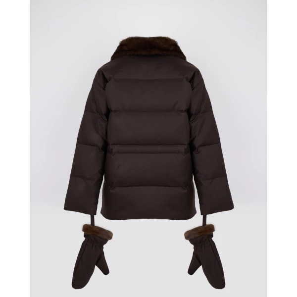 Yves Salomon Fitted Flannel Down Jacket with Mink Fur Collar and Mittens in Brown | Coats | Coveti