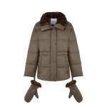 Yves Salomon Fitted Flannel Down Jacket with Mink Fur Collar and Mittens in Brown | Coats | Coveti