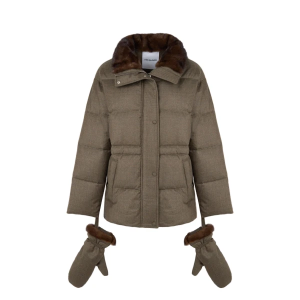 Yves Salomon Fitted Flannel Down Jacket with Mink Fur Collar and Mittens in Brown | Coats | Coveti
