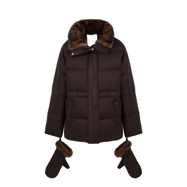 Fitted Flannel Down Jacket with Mink Fur Collar and Mittens in Brown