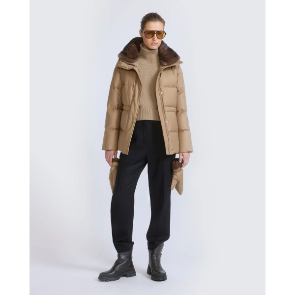 Yves Salomon Fitted Flannel Down Jacket with Mink Fur Collar and Mittens in Camel | Coats | Coveti