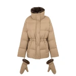 Yves Salomon Fitted Flannel Down Jacket with Mink Fur Collar and Mittens in Camel | Coats | Coveti