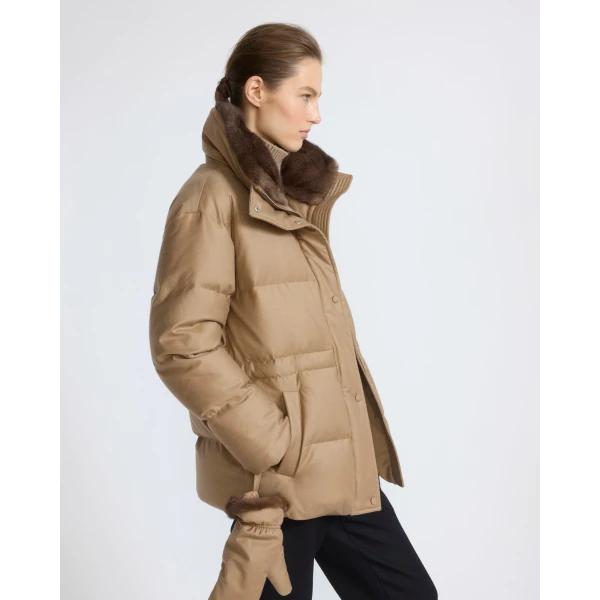 Yves Salomon Fitted Flannel Down Jacket with Mink Fur Collar and Mittens in Camel | Coats | Coveti