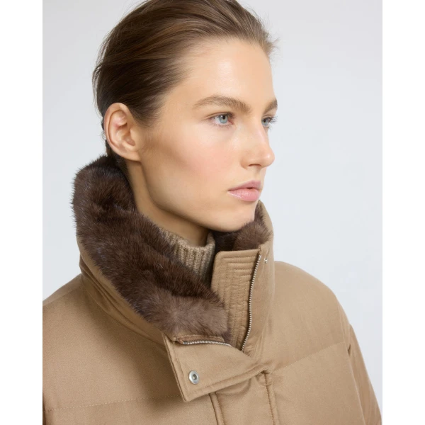 Yves Salomon Fitted Flannel Down Jacket with Mink Fur Collar and Mittens in Camel | Coats | Coveti