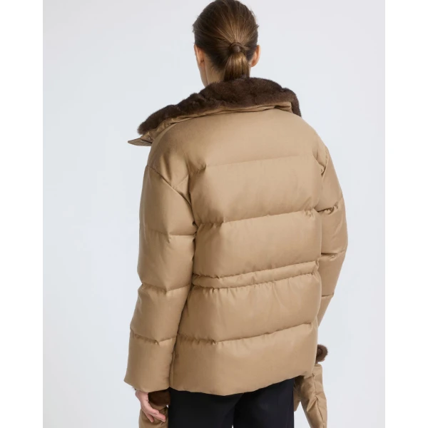 Yves Salomon Fitted Flannel Down Jacket with Mink Fur Collar and Mittens in Camel | Coats | Coveti