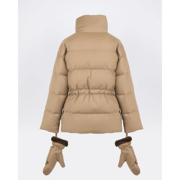 Yves Salomon Fitted Flannel Down Jacket with Mink Fur Collar and Mittens in Camel | Coats | Coveti