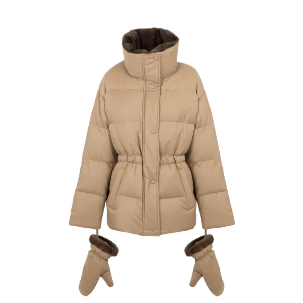 Fitted Flannel Down Jacket with Mink Fur Collar and Mittens in Camel