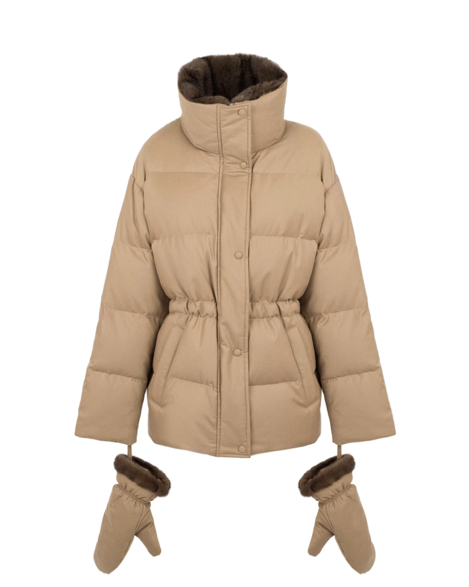 Yves Salomon Fitted Flannel Down Jacket with Mink Fur Collar and Mittens in Camel Yves Salomon Fitted Flannel Down Jacket with Mink Fur Collar and Mittens in Camel | Coats | Coveti
