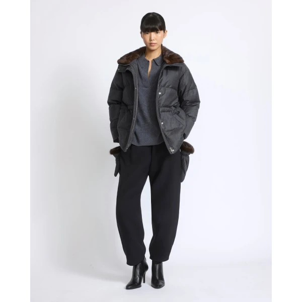 Yves Salomon Fitted Flannel Down Jacket with Mink Fur Collar and Mittens in Grey | Coats | Coveti