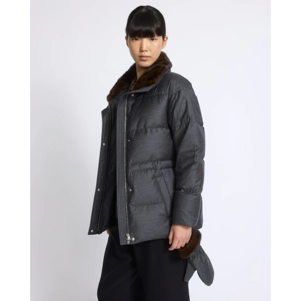 Yves Salomon Fitted Flannel Down Jacket with Mink Fur Collar and Mittens in Grey | Coats | Coveti