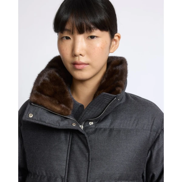 Yves Salomon Fitted Flannel Down Jacket with Mink Fur Collar and Mittens in Grey | Coats | Coveti