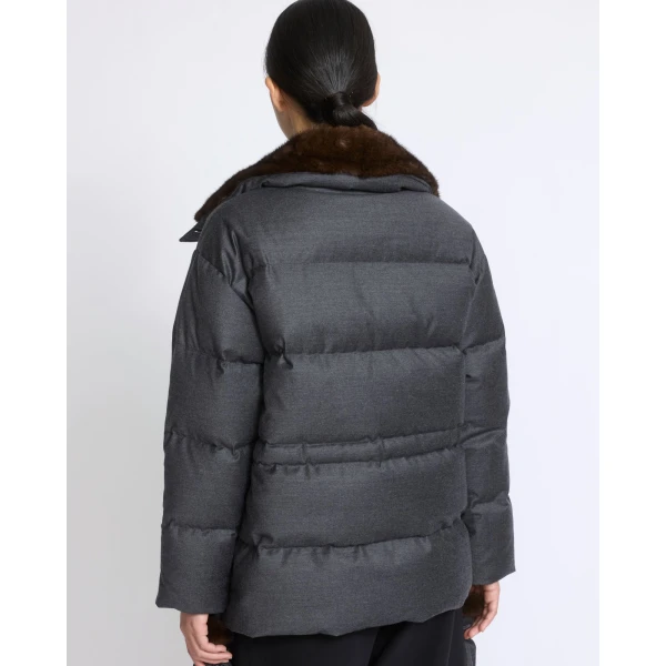 Yves Salomon Fitted Flannel Down Jacket with Mink Fur Collar and Mittens in Grey | Coats | Coveti