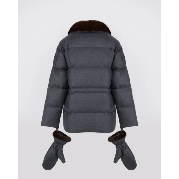 Yves Salomon Fitted Flannel Down Jacket with Mink Fur Collar and Mittens in Grey | Coats | Coveti