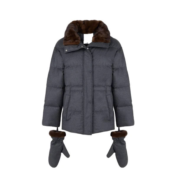 Fitted Flannel Down Jacket with Mink Fur Collar and Mittens in Grey