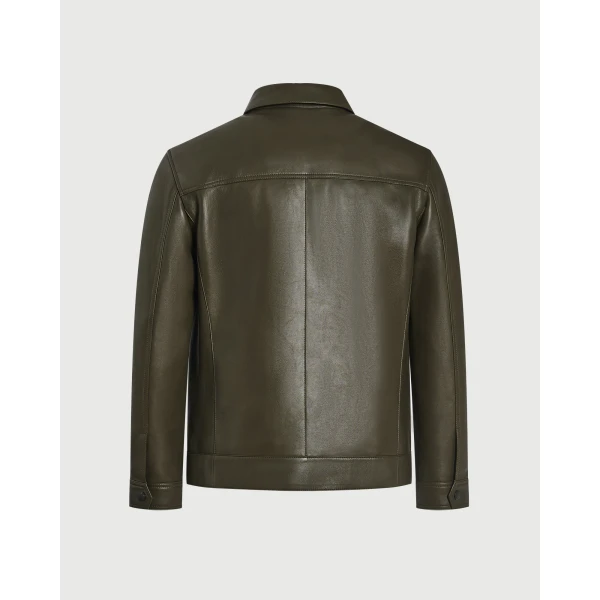 Yves Salomon Fitted Lambskin Leather Jacket in Dark Khaki | Men's Jackets | Coveti