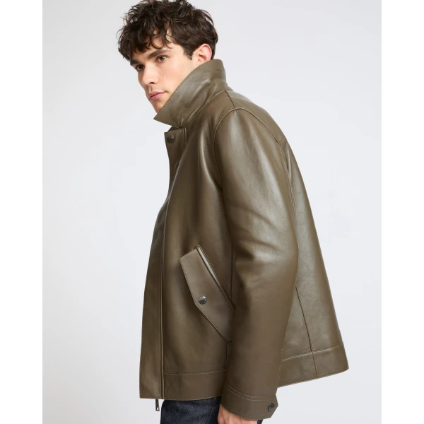 Yves Salomon Fitted Lambskin Leather Jacket in Dark Khaki | Men's Jackets | Coveti