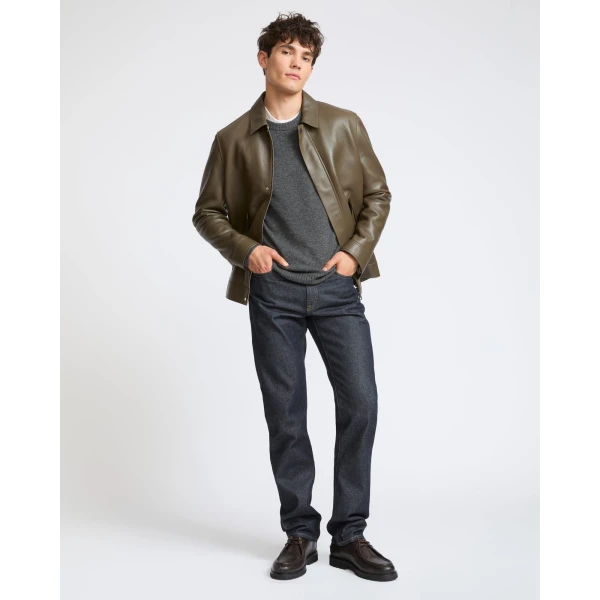 Yves Salomon Fitted Lambskin Leather Jacket in Dark Khaki | Men's Jackets | Coveti