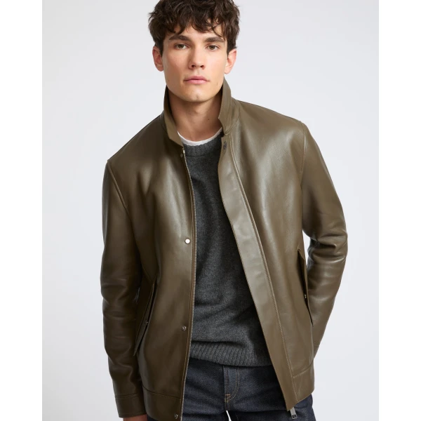 Yves Salomon Fitted Lambskin Leather Jacket in Dark Khaki | Men's Jackets | Coveti