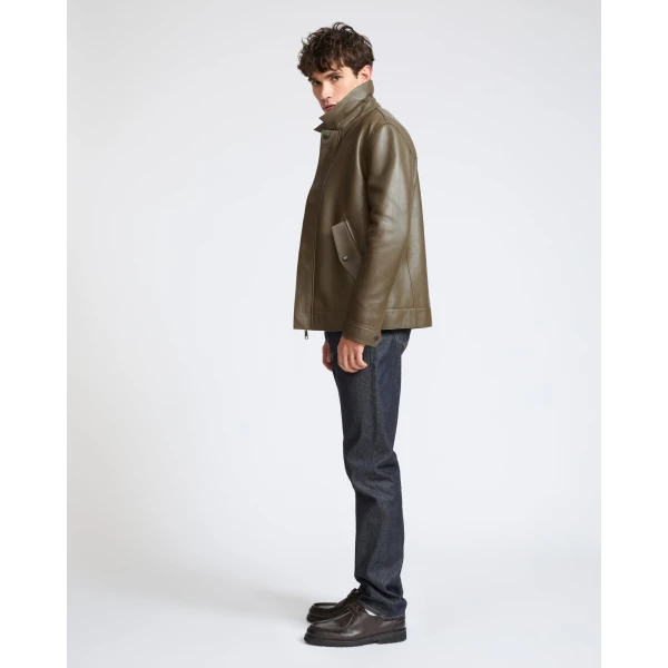 Yves Salomon Fitted Lambskin Leather Jacket in Dark Khaki | Men's Jackets | Coveti