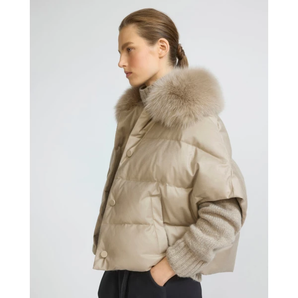 Yves Salomon Flannel Cape with Detachable Fox Fur Collar in Beige | Coats | Coveti