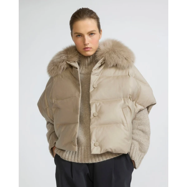 Yves Salomon Flannel Cape with Detachable Fox Fur Collar in Beige | Coats | Coveti