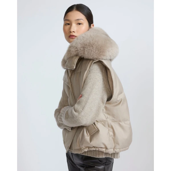 Yves Salomon Flannel Gilet with Fox Fur Collar in Beige | Vests | Coveti