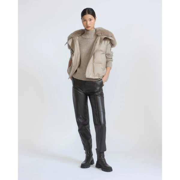 Yves Salomon Flannel Gilet with Fox Fur Collar in Beige | Vests | Coveti