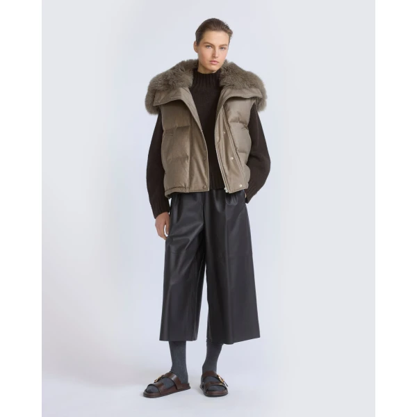 Yves Salomon Flannel Gilet with Fox Fur Collar in Beige | Vests | Coveti