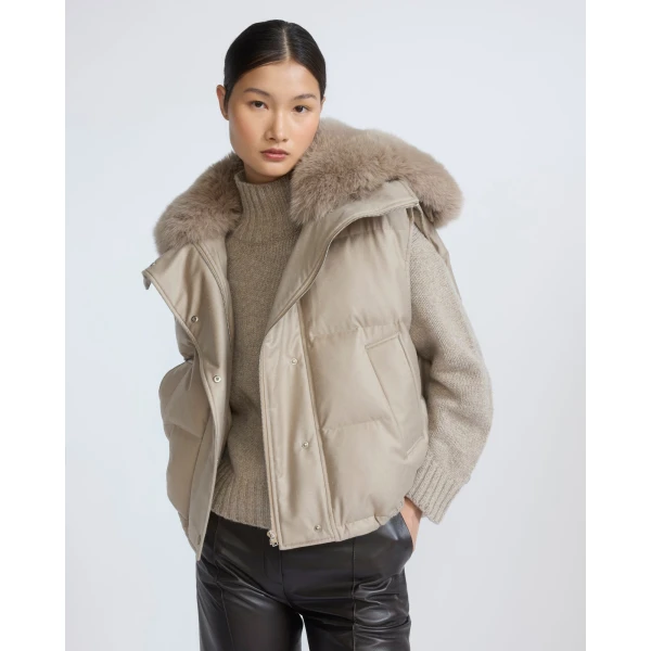 Yves Salomon Flannel Gilet with Fox Fur Collar in Beige | Vests | Coveti