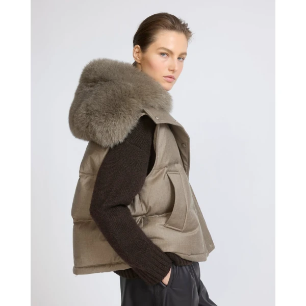 Yves Salomon Flannel Gilet with Fox Fur Collar in Beige | Vests | Coveti