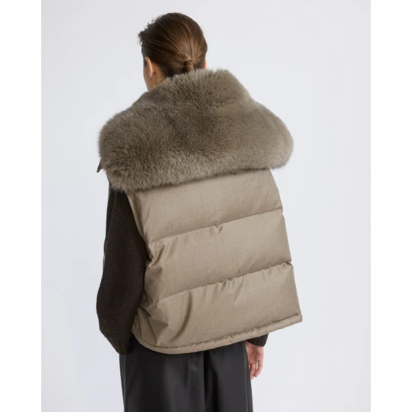 Yves Salomon Flannel Gilet with Fox Fur Collar in Beige | Vests | Coveti