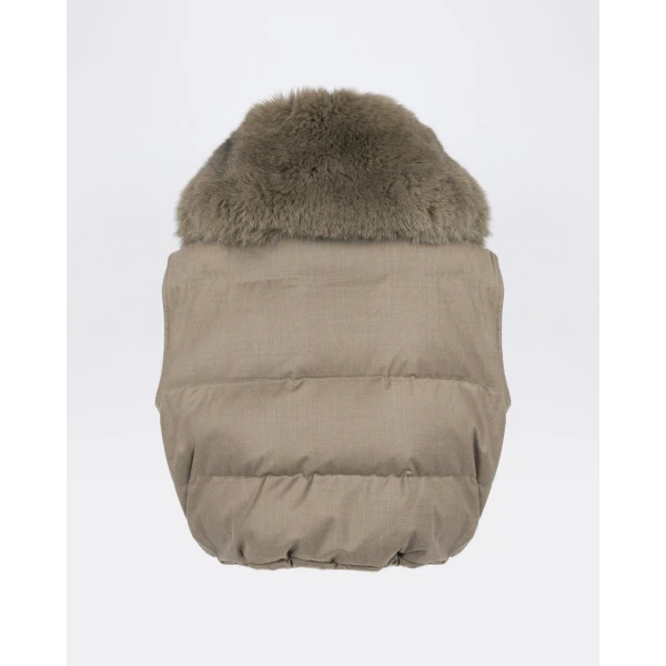 Yves Salomon Flannel Gilet with Fox Fur Collar in Beige | Vests | Coveti