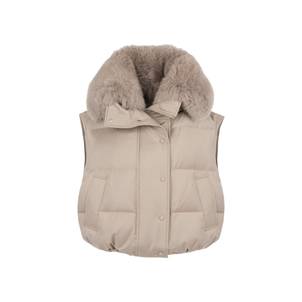 Yves Salomon Flannel Gilet with Fox Fur Collar in Beige | Vests | Coveti