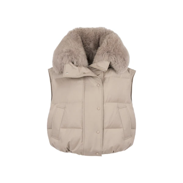 Yves Salomon Flannel Gilet with Fox Fur Collar in Beige | Vests | Coveti