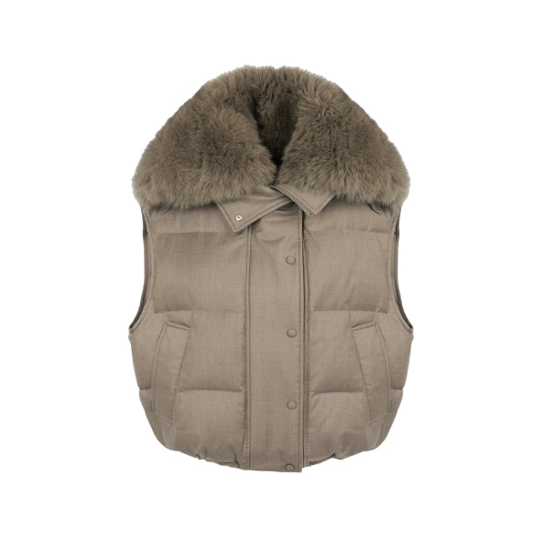 Yves Salomon Flannel Gilet with Fox Fur Collar in Beige | Women | Coveti