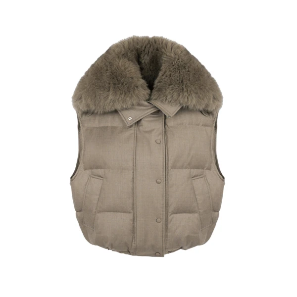 Yves Salomon Flannel Gilet with Fox Fur Collar in Beige | Women | Coveti