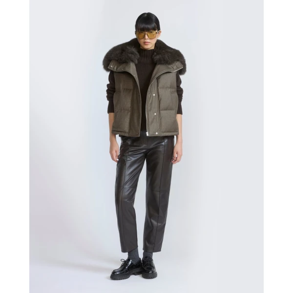 Yves Salomon Flannel Gilet with Fox Fur Collar in Brown | Vests | Coveti