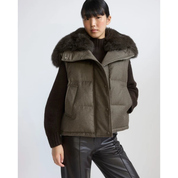 Yves Salomon Flannel Gilet with Fox Fur Collar in Brown | Vests | Coveti