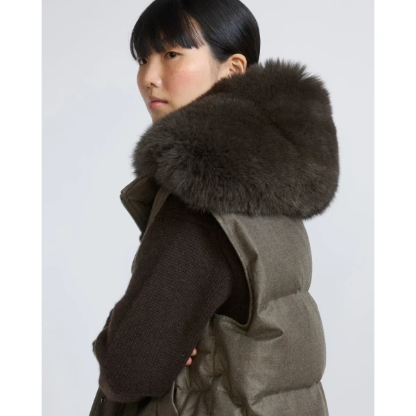 Yves Salomon Flannel Gilet with Fox Fur Collar in Brown | Vests | Coveti