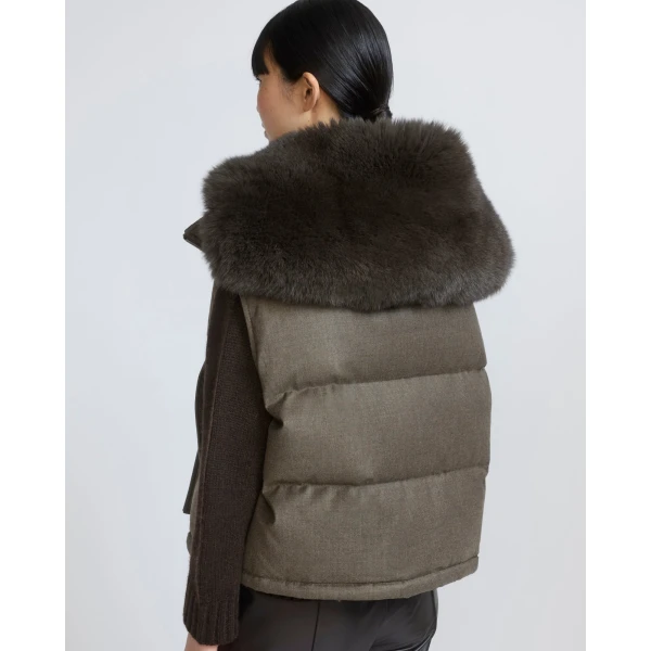 Yves Salomon Flannel Gilet with Fox Fur Collar in Brown | Vests | Coveti