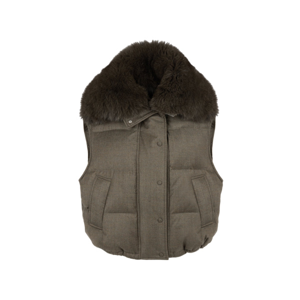 Yves Salomon Flannel Gilet with Fox Fur Collar in Brown | Vests | Coveti
