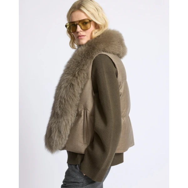 Yves Salomon Flannel Sleeveless Gilet with Detachable Fox Fur Collar in Beige | Vests | Coveti