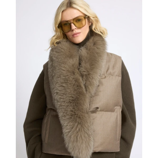 Yves Salomon Flannel Sleeveless Gilet with Detachable Fox Fur Collar in Beige | Vests | Coveti
