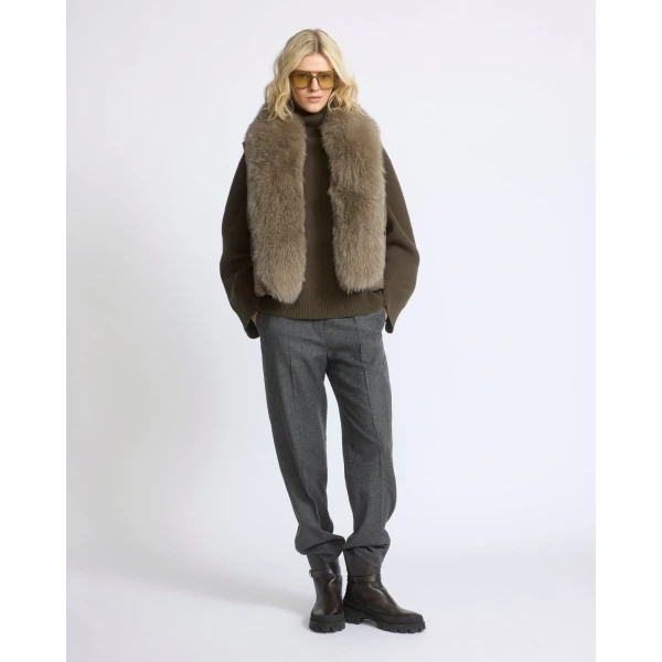 Yves Salomon Flannel Sleeveless Gilet with Detachable Fox Fur Collar in Beige | Vests | Coveti