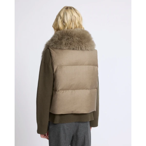 Yves Salomon Flannel Sleeveless Gilet with Detachable Fox Fur Collar in Beige | Vests | Coveti