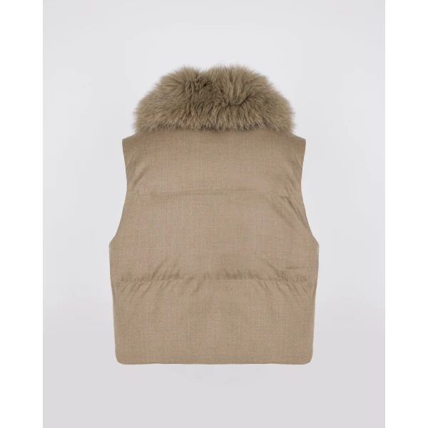 Yves Salomon Flannel Sleeveless Gilet with Detachable Fox Fur Collar in Beige | Vests | Coveti