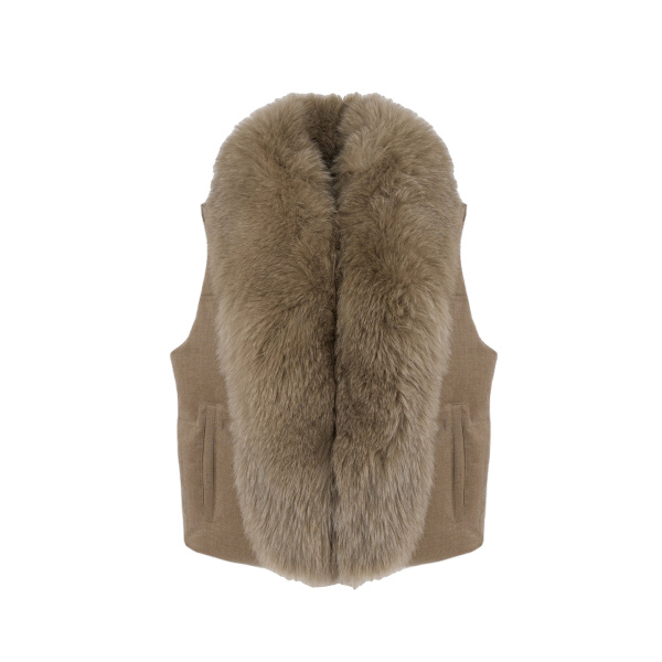 Yves Salomon Flannel Sleeveless Gilet with Detachable Fox Fur Collar in Beige | Vests | Coveti