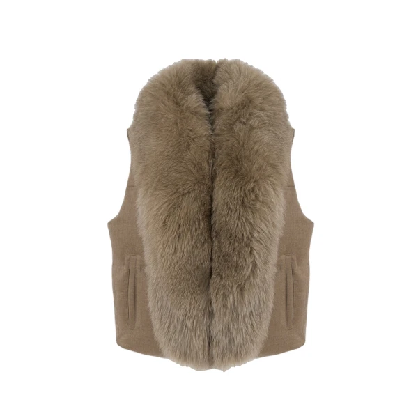 Yves Salomon Flannel Sleeveless Gilet with Detachable Fox Fur Collar in Beige | Vests | Coveti