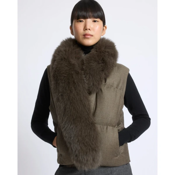 Yves Salomon Flannel Sleeveless Gilet with Detachable Fox Fur Collar in Brown | Vests | Coveti