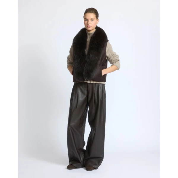 Yves Salomon Flannel Sleeveless Gilet with Detachable Fox Fur Collar in Brown | Vests | Coveti